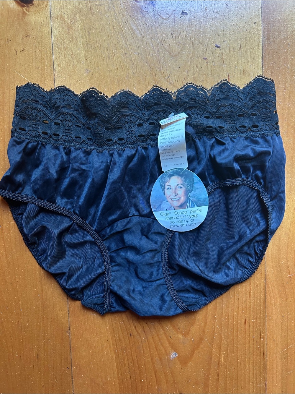 Olga Black Satin Briefs with Lace Waistband